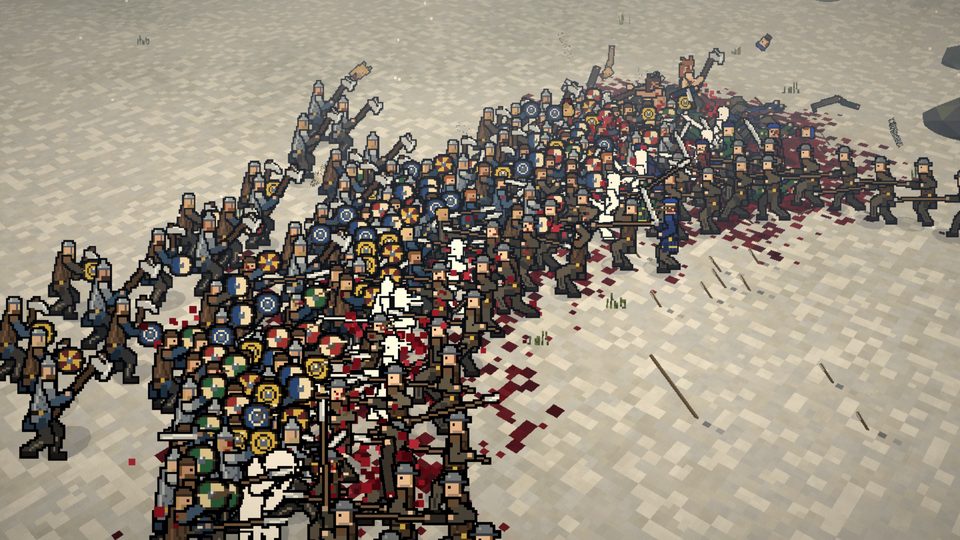 Two shield masses grind together on snow, littered with spent arrows and blood