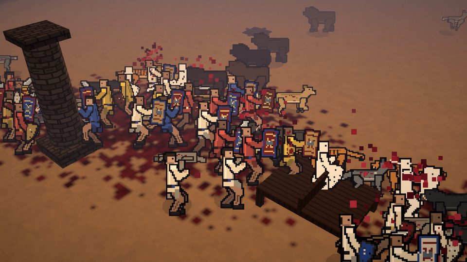 Gladiators fight wolves and big cats beside a toppled pillar on blood-stained sand