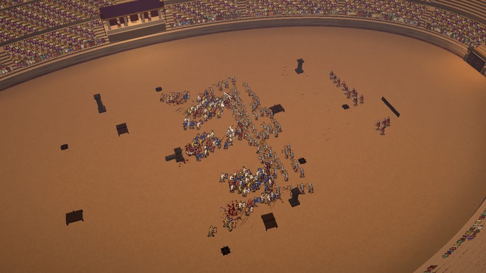 A high view of the Colosseum: the sand arena, pillars and tiered seats packed with spectators