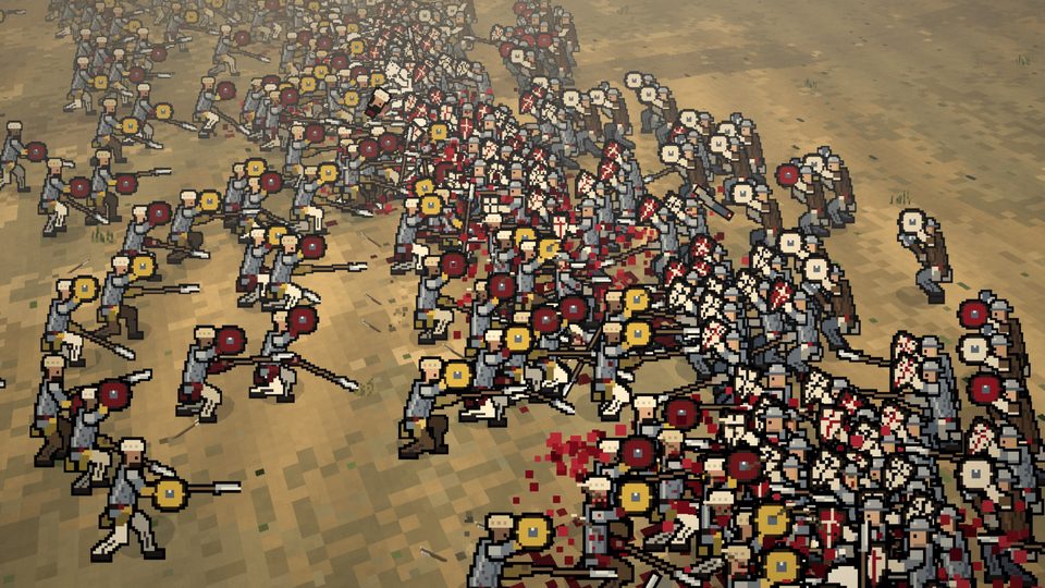 Mamluk spearmen with round shields clash with Crusader knights on rippled desert sand