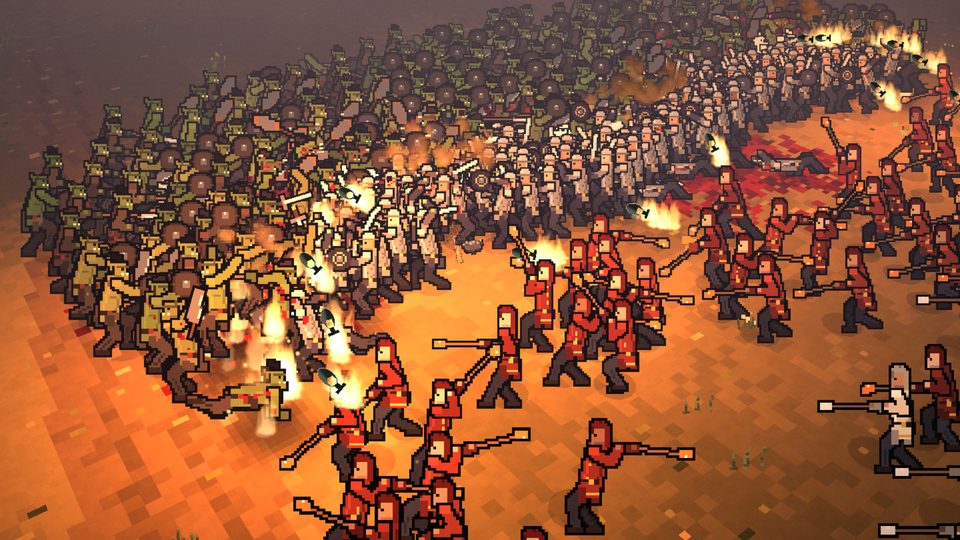 Robed battle mages hurl fireballs into a charging orc horde; the ground glows orange