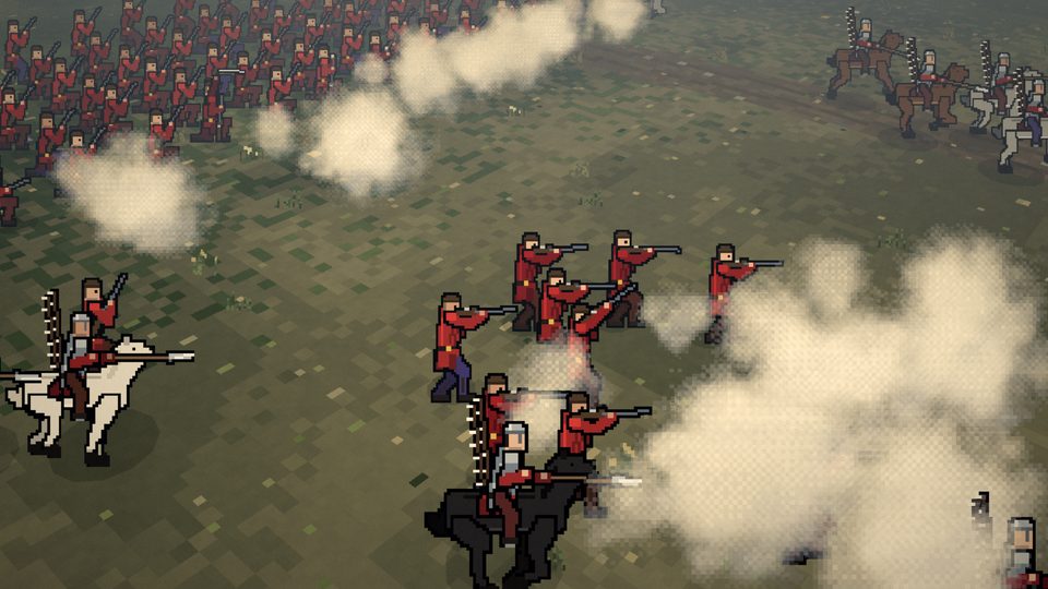 Winged hussars on white and black horses charge a line of red-coated musketeers through powder smoke