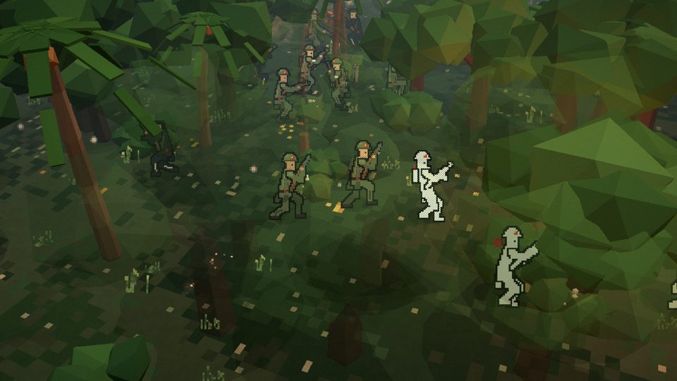 US infantry move through dense low-poly jungle and palms