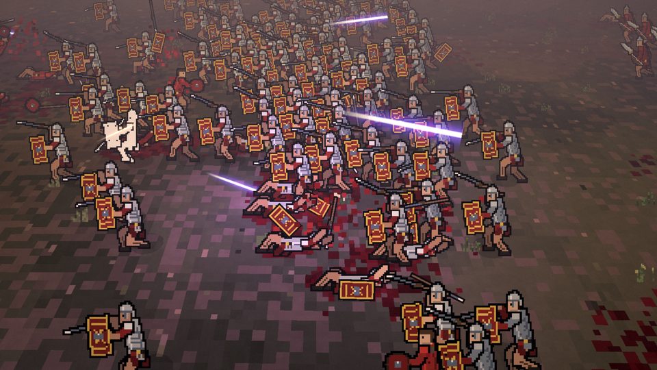 Roman legionaries with red shields are cut down by violet laser fire