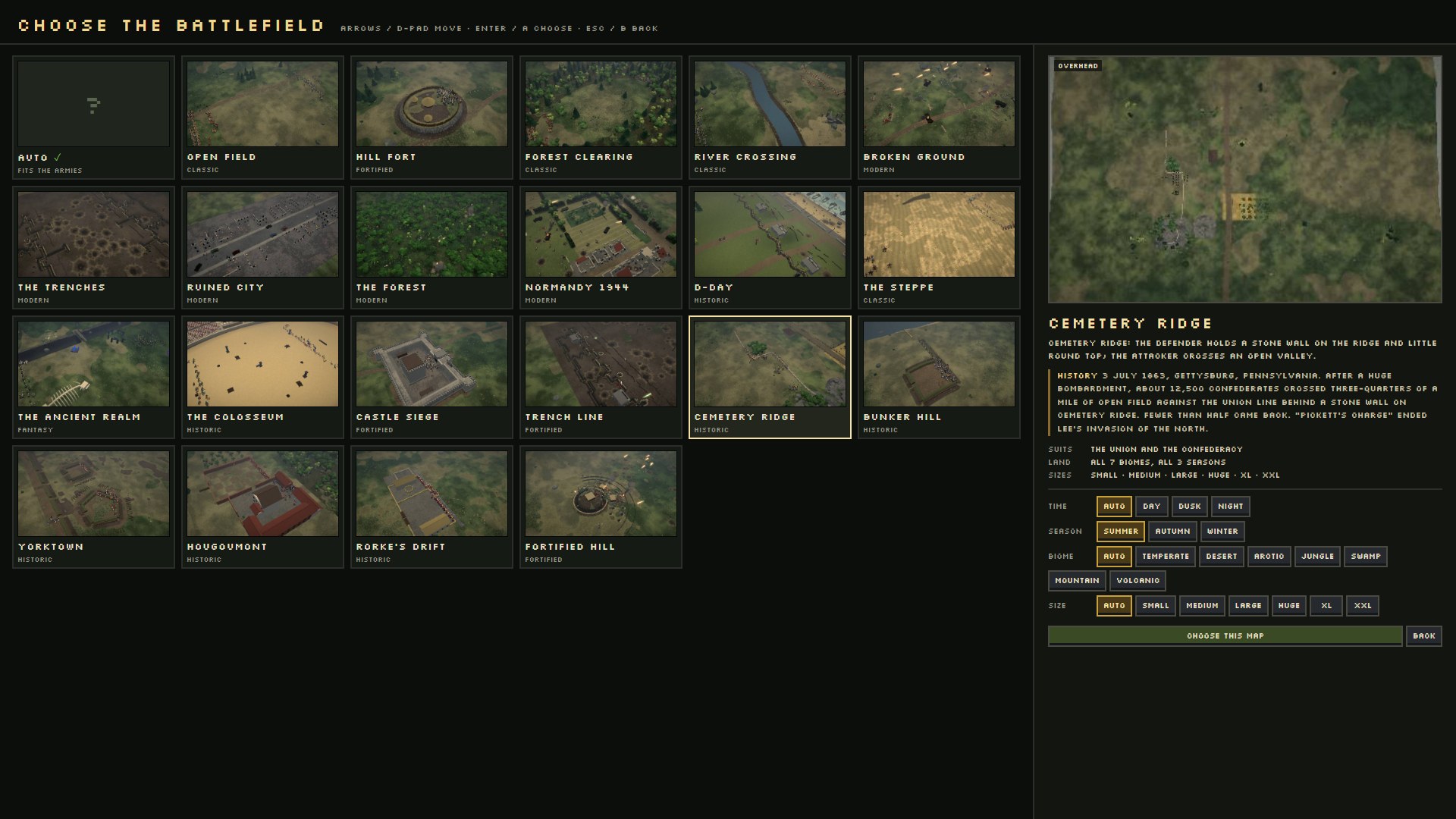 The map selector: a grid of 21 battlefields, from the open field to Cemetery Ridge, with time, season, biome and size settings