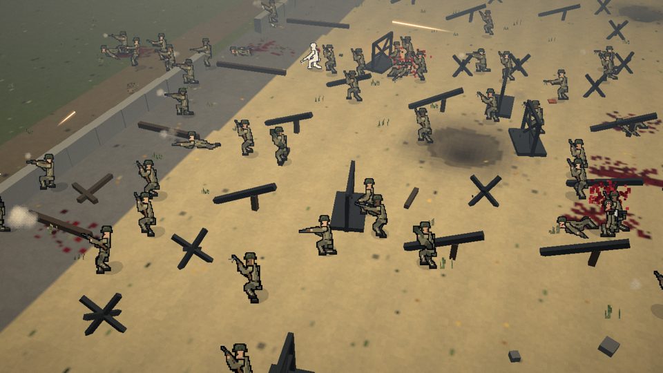 GIs advance across the sand of Omaha Beach between steel hedgehog obstacles and a shell crater