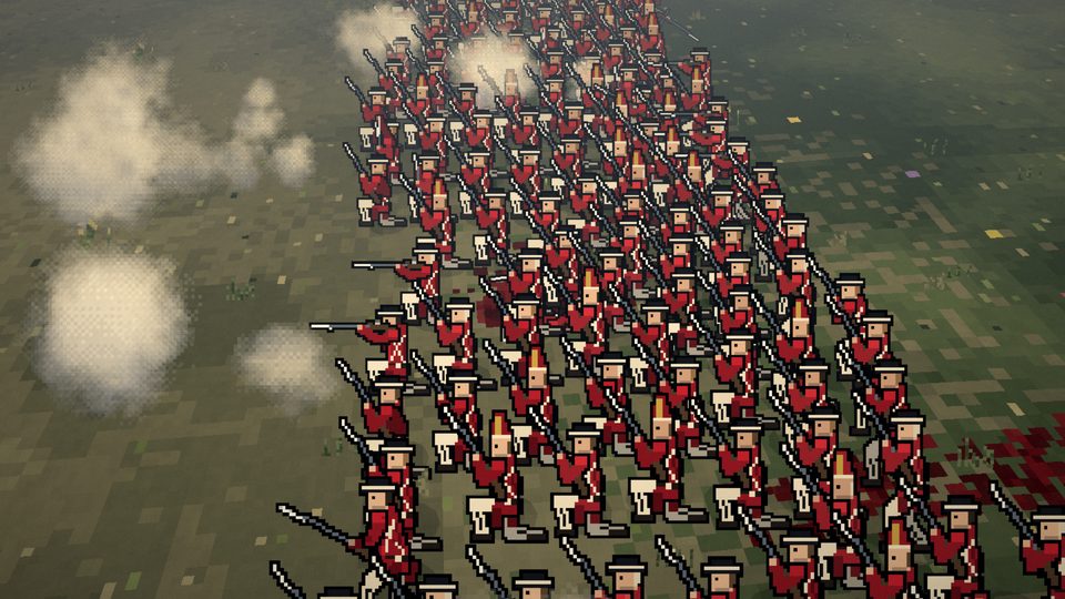 Ranks of red-coated British infantry advance through musket smoke