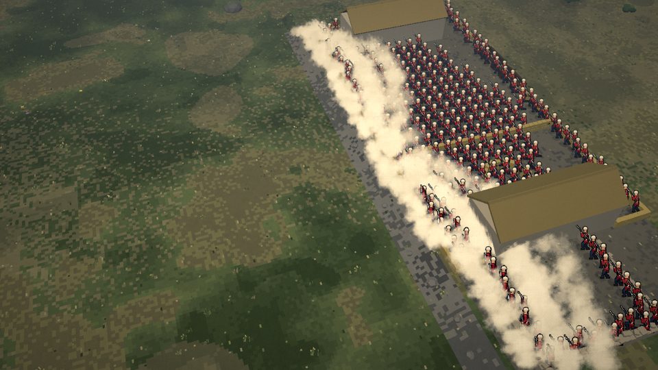Redcoats behind a barricade at the mission station pour smoke-heavy volleys into the attack