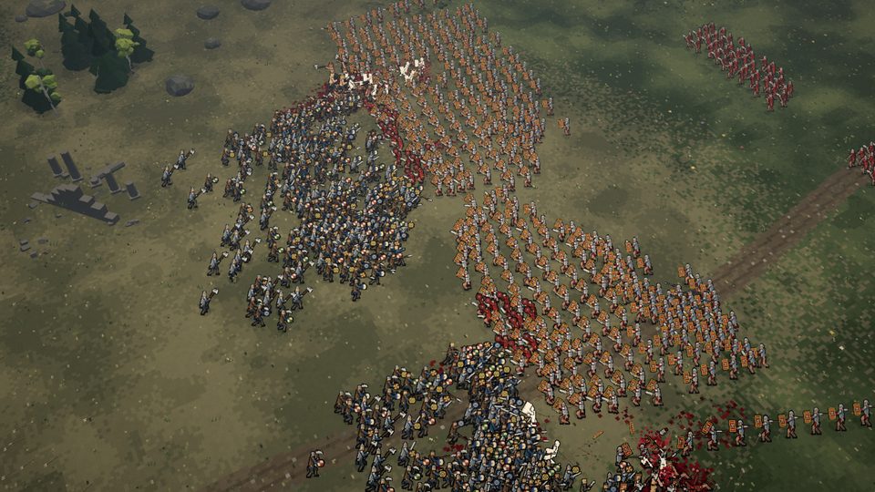 A wide aerial view of two armies of five hundred men each locked together across a green field