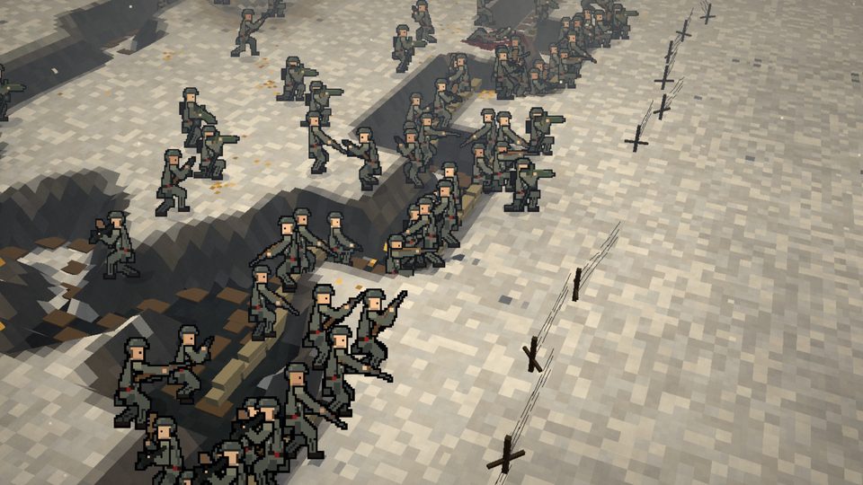 Soldiers in grey crowd a zigzag trench cut through snow, with barbed wire beyond