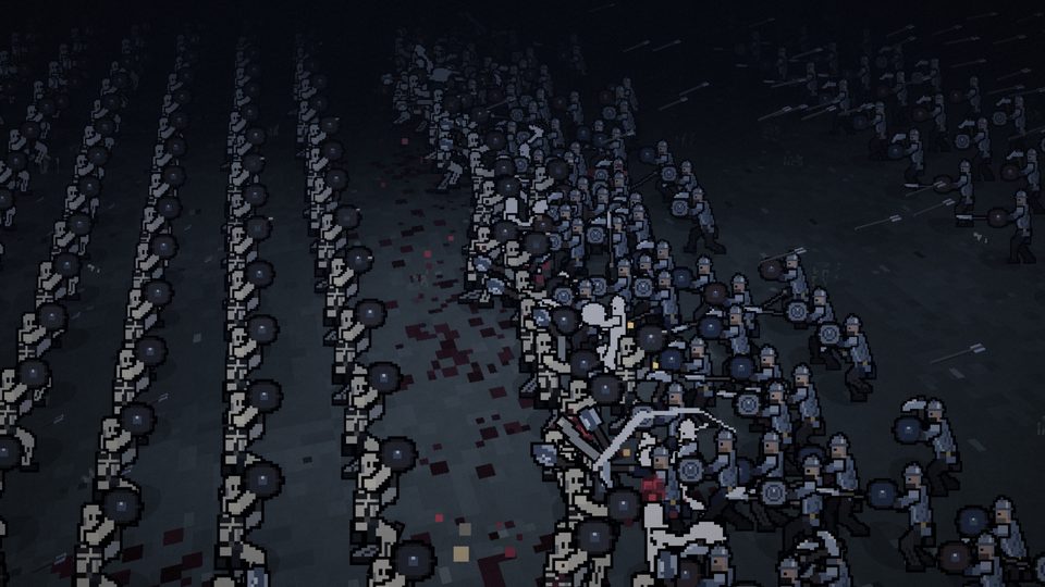 Ranks of skeleton warriors clash with dwarves in the dark