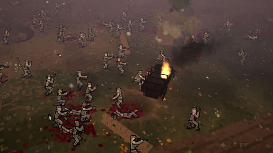 Modern infantry fight across broken ground around a burning truck